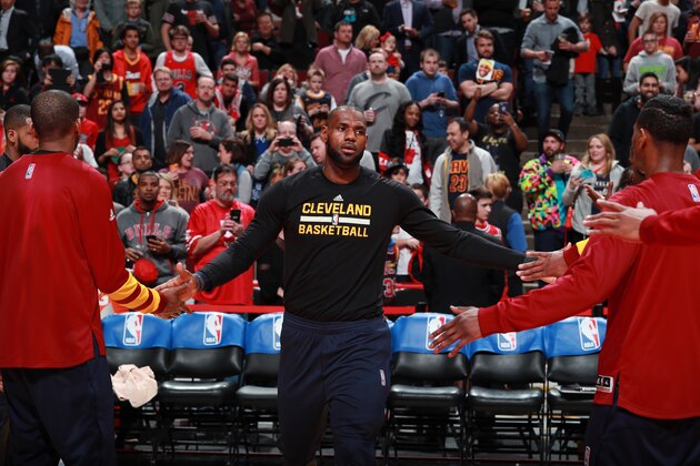 CHICAGO, IL - MARCH 30:  LeBron James #23 of the Cleveland Cavaliers is introduced before a game against the Chicago Bulls on March 30, 2017 at the United Center in Chicago, Illinois. NOTE TO USER: User expressly acknowledges and agrees that, by downloading and/or using this photograph, user is consenting to the terms and conditions of the Getty Images License Agreement. Mandatory Copyright Notice: Copyright 2017 NBAE (Photo by Jeff Haynes/NBAE via Getty Images)