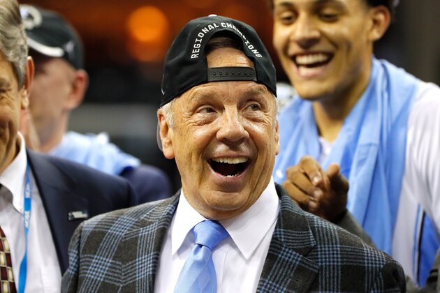 MEMPHIS, TN - MARCH 26: Head coach Roy Williams of the North Carolina Tar Heels celebrates with his team after defeating the Kentucky Wildcats during the 2017 NCAA Men's Basketball Tournament South Regional at FedExForum on March 26, 2017 in Memphis, Tennessee.  (Photo by Kevin C. Cox/Getty Images)