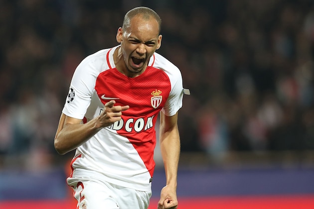 Monaco's Brazilian defender Fabinho celebrates after scoring a goal during the UEFA Champions League round of 16 football match between Monaco and Manchester City at the Stade Louis II in Monaco on March 15, 2017. / AFP PHOTO / Valery HACHE        (Photo credit should read VALERY HACHE/AFP/Getty Images)