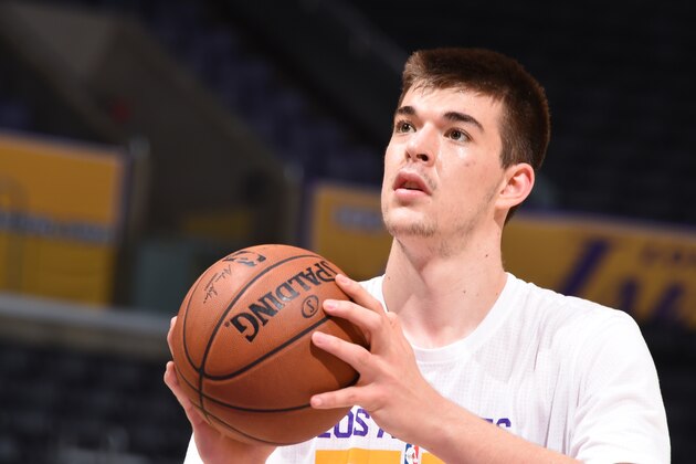 LOS ANGELES, CA - MARCH 19: Ivica Zubac #40 of the Los Angeles Lakers warms up before the game against the Cleveland Cavaliers on March 19, 2017 at STAPLES Center in Los Angeles, California. NOTE TO USER: User expressly acknowledges and agrees that, by downloading and/or using this Photograph, user is consenting to the terms and conditions of the Getty Images License Agreement. Mandatory Copyright Notice: Copyright 2016 NBAE (Photo by Andrew D. Bernstein/NBAE via Getty Images)