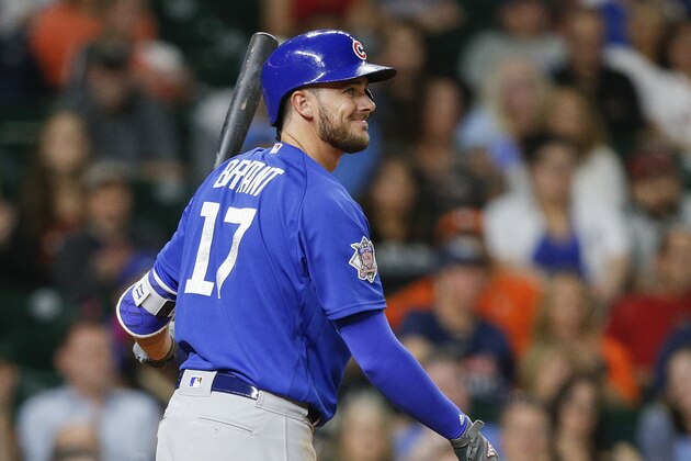 HOUSTON, TX - MARCH 30:  Kris Bryant #17 of the Chicago Cubs smiles after striking out in the seventh inning against the Houston Astros during an exhibition game at Minute Maid Park on March 30, 2017 in Houston, Texas.  (Photo by Bob Levey/Getty Images)