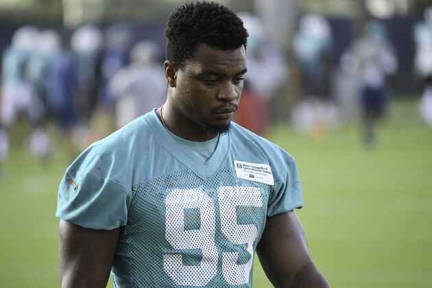 DAVIE, FL - JULY 31:  Dion Jordan #95 of the Miami Dolphins looks on during training camp on July 31, 2016 at the Miami Dolphins training facility in Davie, Florida. (Photo by Ron Elkman/Sports Imagery/Getty Images)