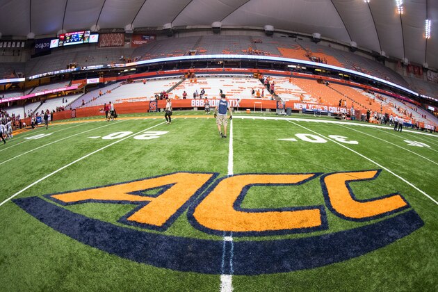 SYRACUSE, NY - SEPTEMBER 09:  ACC logo after the game between the Syracuse Orange and the Louisville Cardinals on September 9, 2016 at The Carrier Dome in Syracuse, New York.  Louisville defeats Syracuse 62-28. (Photo by Brett Carlsen/Getty Images)