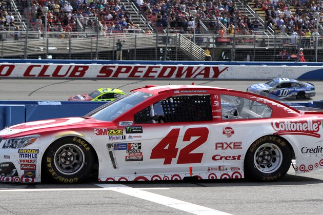 Kyle Larson (42) on pit row during a yellow caution during the NASCAR Cup Series auto race at Auto Club Speedway in Fontana, Calif., Sunday, March 26, 2017. (AP Photo/Alex Gallardo)