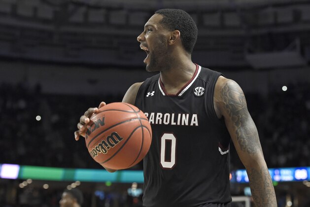 South Carolina's Sindarius Thornwell (0) celebrates after a second-round game against Duke in the NCAA men's college basketball tournament in Greenville, S.C., Sunday, March 19, 2017. (AP Photo/Rainier Ehrhardt)