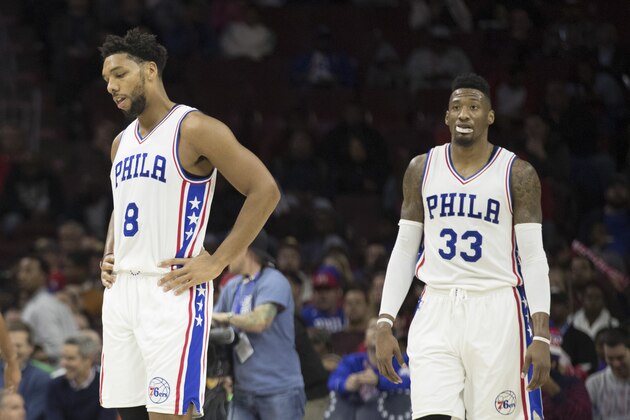 PHILADELPHIA, PA - NOVEMBER 7: Jahlil Okafor #8 and Robert Covington #33 of the Philadelphia 76ers walk off the court after a timeout in the game against the Utah Jazz at Wells Fargo Center on November 7, 2016 in Philadelphia, Pennsylvania. The Jazz defeated the 76ers 109-84. NOTE TO USER: User expressly acknowledges and agrees that, by downloading and or using this photograph, User is consenting to the terms and conditions of the Getty Images License Agreement. (Photo by Mitchell Leff/Getty Images)