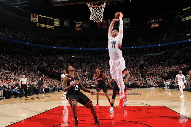 PORTLAND, OR - MARCH 30:  Jusuf Nurkic #27 of the Portland Trail Blazers goes up for a dunk during a game against the Houston Rockets on March 30, 2017 at the Moda Center in Portland, Oregon. NOTE TO USER: User expressly acknowledges and agrees that, by downloading and/or using this photograph, user is consenting to the terms and conditions of the Getty Images License Agreement. Mandatory Copyright Notice: Copyright 2017 NBAE (Photo by Cameron Browne/NBAE via Getty Images)
