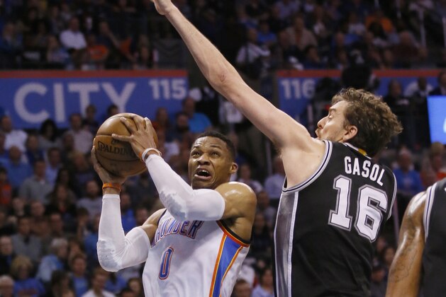 Oklahoma City Thunder guard Russell Westbrook (0) goes up for a shot as San Antonio Spurs center Pau Gasol (16) defends in the second quarter of an NBA basketball game in Oklahoma City, Friday, March 31, 2017. (AP Photo/Sue Ogrocki)