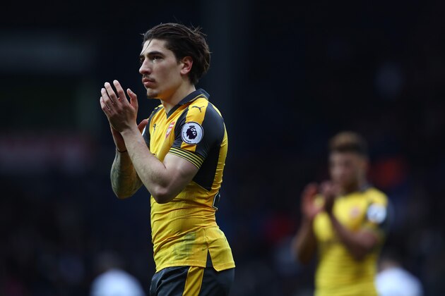 WEST BROMWICH, ENGLAND - MARCH 18: Hector Bellerin of Arsenal shows appreciation to the fans after the Premier League match between West Bromwich Albion and Arsenal at The Hawthorns on March 18, 2017 in West Bromwich, England.  (Photo by Matthew Lewis/Getty Images)