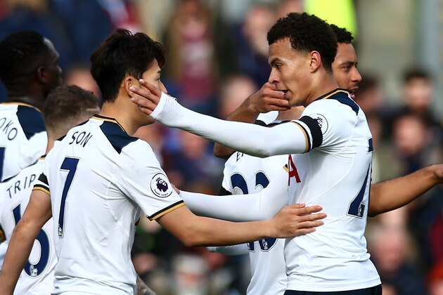 BURNLEY, ENGLAND - APRIL 01: Son Heung-Min of Tottenham Hotspur celebrates with Dele Alli of Tottenham Hotspur after scoring a goal to make it 0-2 during the Premier League match between Burnley and Tottenham Hotspur at Turf Moor on April 1, 2017 in Burnley, England. (Photo by Robbie Jay Barratt - AMA/Getty Images)