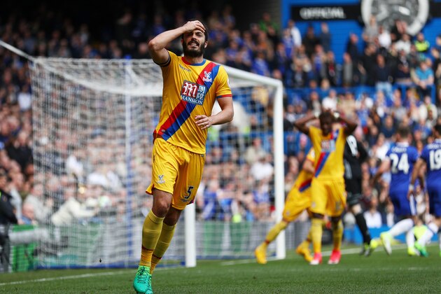 LONDON, ENGLAND - APRIL 01: James Tomkins of Crystal Palace reacts during the Premier League match between Chelsea and Crystal Palace at Stamford Bridge on April 1, 2017 in London, England.  (Photo by Ian Walton/Getty Images)