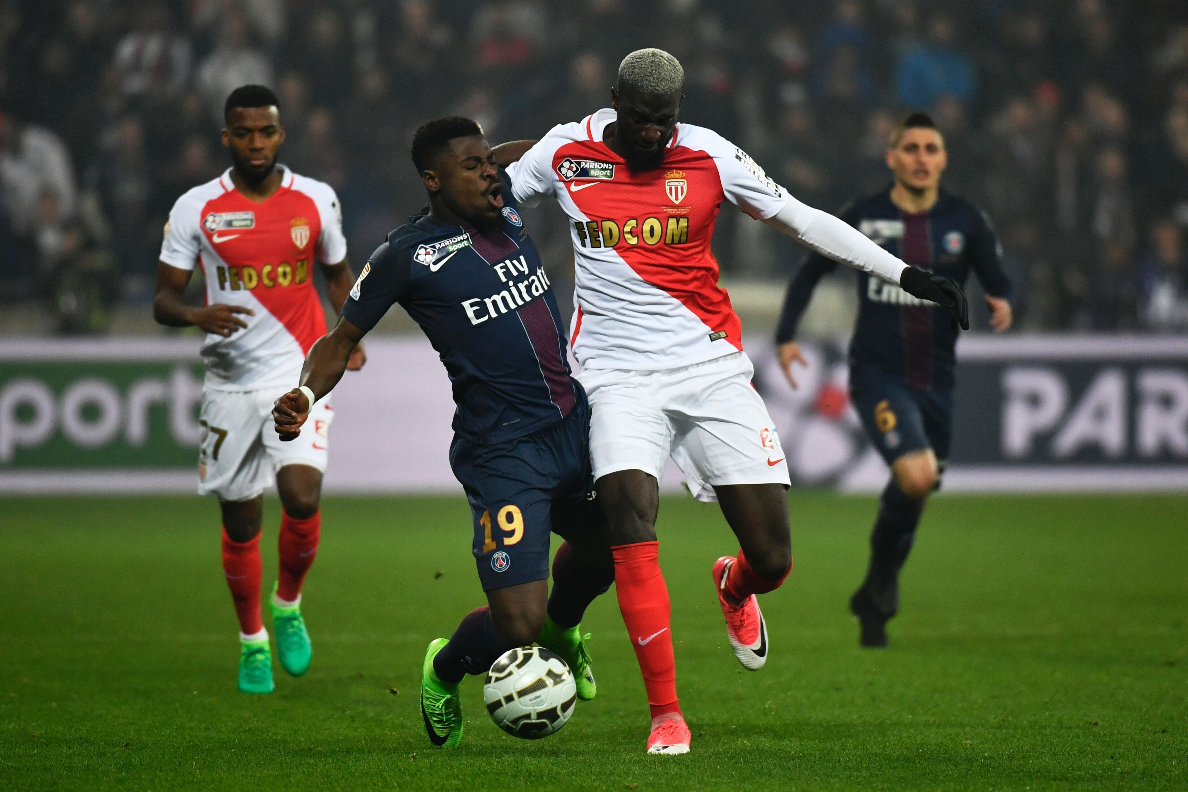 Paris Saint-Germain's Ivorian defender Serge Aurier (L) vies for the ball with Monaco's French midfielder Tiemoue Bakayoko during the French League Cup final football match between Paris Saint-Germain (PSG) and Monaco (ASM) on April 1, 2017, at the Parc Olympique Lyonnais stadium in Decines-Charpieu, near Lyon. / AFP PHOTO / Jeff PACHOUD        (Photo credit should read JEFF PACHOUD/AFP/Getty Images)