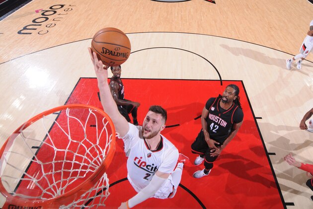 PORTLAND, OR - MARCH 30:  Jusuf Nurkic #27 of the Portland Trail Blazers shoots the ball during a game against the Houston Rockets on March 30, 2017 at the Moda Center in Portland, Oregon. NOTE TO USER: User expressly acknowledges and agrees that, by downloading and/or using this photograph, user is consenting to the terms and conditions of the Getty Images License Agreement. Mandatory Copyright Notice: Copyright 2017 NBAE (Photo by Sam Forencich/NBAE via Getty Images)