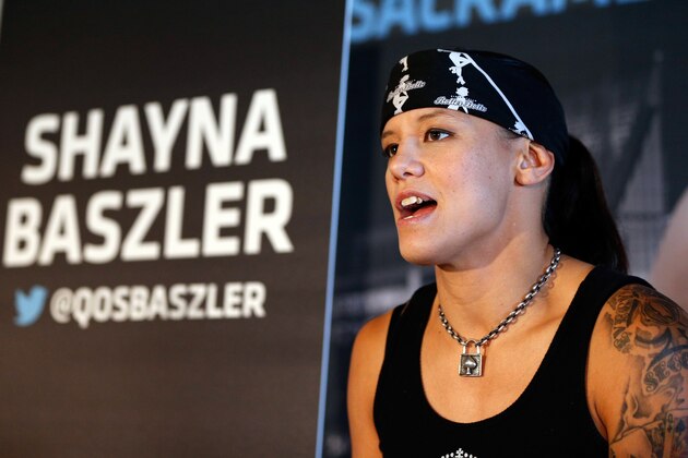 SACRAMENTO, CA - AUGUST 28:  Shayna Baszler interacts with media during the UFC 177 Ultimate Media Day at the Sleep Train Arena on August 28, 2014 in Sacramento, California. (Photo by Josh Hedges/Zuffa LLC/Zuffa LLC via Getty Images)