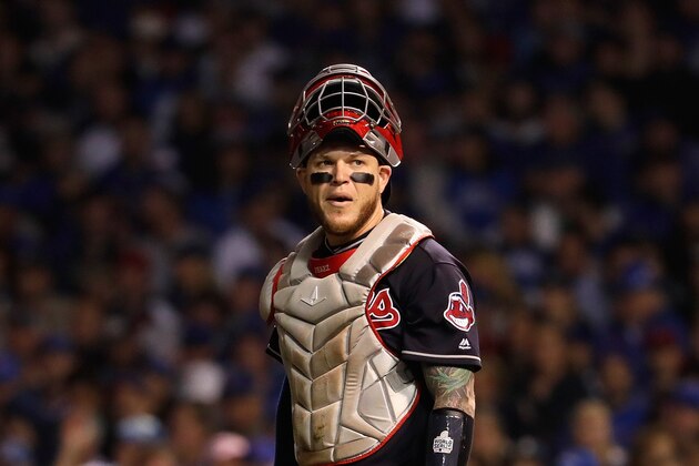 CHICAGO, IL - OCTOBER 29:  Roberto Perez #55 of the Cleveland Indians walks across the field in the first inning against the Chicago Cubs in Game Four of the 2016 World Series at Wrigley Field on October 29, 2016 in Chicago, Illinois.  (Photo by Jamie Squire/Getty Images)