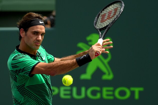 KEY BISCAYNE, FL - APRIL 02: Roger Federer of Sweden in action in the final match against Rafael Nadal of Spain (not pictured) on day 14 of the Miami Open at Crandon Park Tennis Center on April 2, 2017 in Key Biscayne, Florida. (Photo by Rob Foldy/Getty Images)