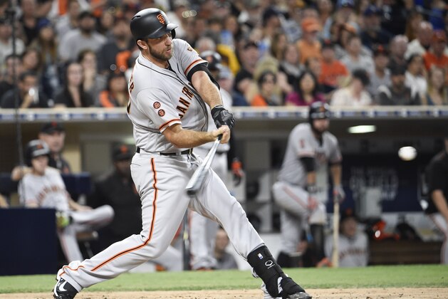 SAN DIEGO, CA - SEPTEMBER 24:  Madison Bumgarner #40 of the San Francisco Giants hits double during the fourth inning of a baseball game against the San Diego Padres at PETCO Park on September 24, 2016 in San Diego, California.  (Photo by Denis Poroy/Getty Images)