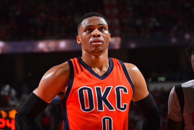 HOUSTON, TX - MARCH 26: Russell Westbrook #0 of the Oklahoma City Thunder looks on against the Houston Rockets on March 26, 2017 at the Toyota Center in Houston, Texas. NOTE TO USER: User expressly acknowledges and agrees that, by downloading and/or using this photograph, user is consenting to the terms and conditions of the Getty Images License Agreement. Mandatory Copyright Notice: Copyright 2017 NBAE (Photo by Jesse D. Garrabrant/NBAE via Getty Images)