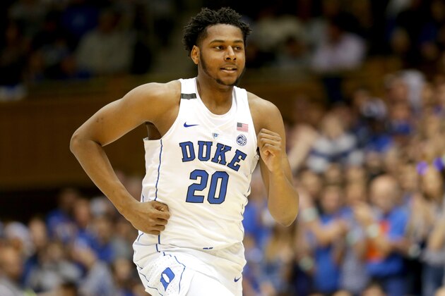 DURHAM, NC - DECEMBER 03:  Marques Bolden #20 of the Duke Blue Devils during their game at Cameron Indoor Stadium on December 3, 2016 in Durham, North Carolina.  (Photo by Streeter Lecka/Getty Images)