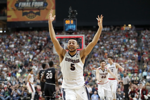 Gonzaga's Nigel Williams-Goss (5) celebrates after the semifinals of the Final Four NCAA college basketball tournament against South Carolina, Saturday, April 1, 2017, in Glendale, Ariz. Gonzaga won 77-73. (AP Photo/Charlie Neibergall)