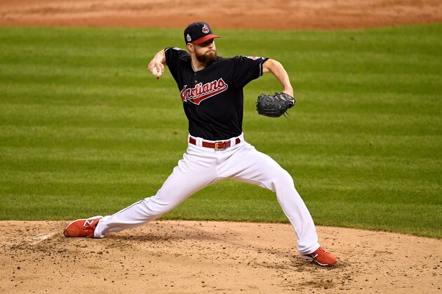 CLEVELAND, OH - NOVEMBER 02:  Corey Kluber #28 of the Cleveland Indians pitches in the third inning against the Chicago Cubs in Game Seven of the 2016 World Series at Progressive Field on November 2, 2016 in Cleveland, Ohio.  (Photo by Jason Miller/Getty Images)