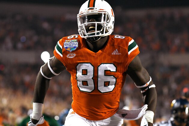 Dec 28, 2016; Orlando, FL, USA; Miami Hurricanes tight end  David Njoku (86) reacts after  a touchdown in the second half against the West Virginia Mountaineers  in the Russell Athletic Bowl  at Camping World Stadium. Mandatory Credit: Jonathan Dyer-USA TODAY Sports