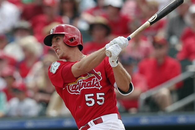 St. Louis Cardinals right fielder Stephen Piscotty (55) bats against the Miami Marlins in a spring training baseball game Thursday, March 23, 2017, in Jupiter, Fla. (AP Photo/John Bazemore)