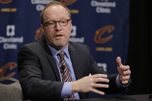 Cleveland Cavaliers general manager David Griffin speaks at a news conference before an NBA basketball game between the Chicago Bulls and the Cleveland Cavaliers, Thursday, Feb. 18, 2016, in Cleveland. The Cavaliers found a coveted wing shooter before the trading deadline. To get him, though, they had to say goodbye to one of their most popular players. Adding another scoring threat for star LeBron James, the Cavaliers acquired forward Channing Frye from the Orlando Magic on Thursday in exchange for center Anderson Varejao. (AP Photo/Tony Dejak)