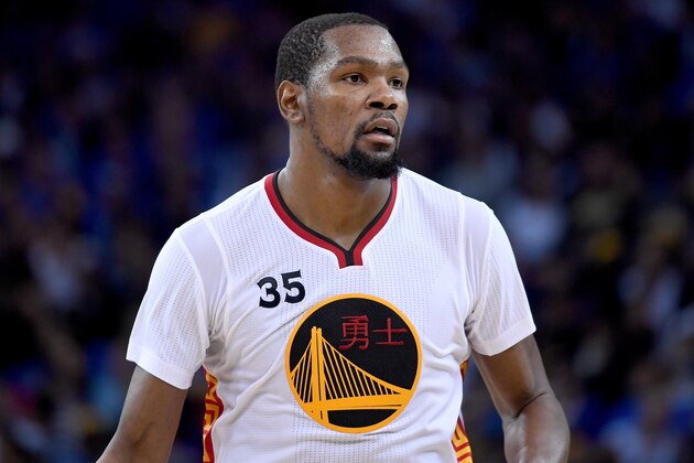 OAKLAND, CA - FEBRUARY 08:  Kevin Durant #35 of the Golden State Warriors looks on against the Chicago Bulls during an NBA basketball game at ORACLE Arena on February 8, 2017 in Oakland, California. NOTE TO USER: User expressly acknowledges and agrees that, by downloading and or using this photograph, User is consenting to the terms and conditions of the Getty Images License Agreement.  (Photo by Thearon W. Henderson/Getty Images)
