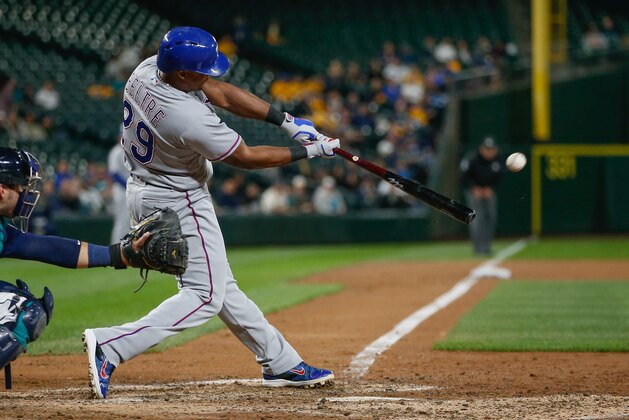SEATTLE, WA - SEPTEMBER 06:  Adrian Beltre #29 of the Texas Rangers doubles against the Seattle Mariners in the fifth inning at Safeco Field on September 6, 2016 in Seattle, Washington. The double was the 585th of his career, tying Rafael Palmeiro for 18th all-time.  (Photo by Otto Greule Jr/Getty Images)