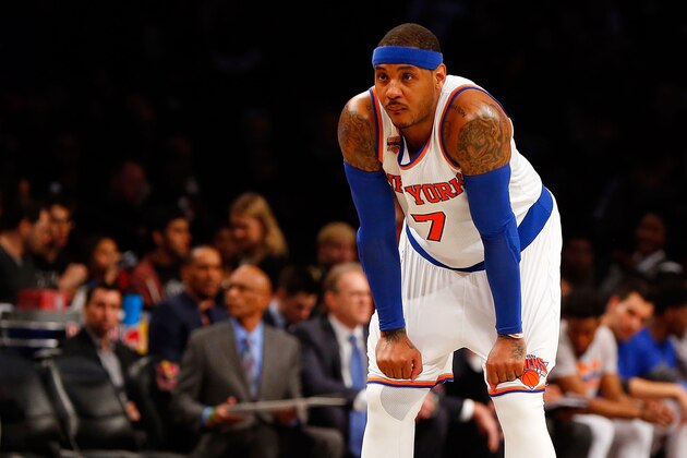 BROOKLYN, NY - MARCH 12:  (NEW YORK DAILIES OUT)    Carmelo Anthony #7 of the New York Knicks in action against the Brooklyn Nets at Barclays Center on March 12, 2017 in the Brooklyn borough of New York City.  The Nets defeated the Knicks 120-112. NOTE TO USER: User expressly acknowledges and agrees that, by downloading and/or using this photograph, user is consenting to the terms and conditions of the Getty Images License Agreement.  (Photo by Jim McIsaac/Getty Images)