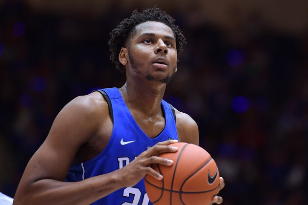 DURHAM, NC - OCTOBER 22: Marques Bolden #20 of the Duke Blue Devils concentrates at the free-throw line during Countdown To Craziness at Cameron Indoor Stadium on October 22, 2016 in Durham, North Carolina. (Photo by Lance King/Getty Images)