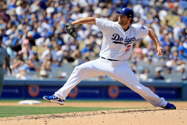 LOS ANGELES, CA - APRIL 03:  Clayton Kershaw #22 of the Los Angeles Dodgers pitches during the fifth inning during an Opening Day game against the San Diego Padres at Dodger Stadium on April 3, 2017 in Los Angeles, California.  (Photo by Sean M. Haffey/Getty Images)
