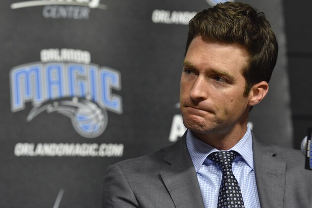 ORLANDO, FL - MAY 23:  Orlando Magic general manager Rob Hennigan introduces new head coach Frank Vogel during a press conference on May 23, 2016 at Amway Center in Orlando, Florida. NOTE TO USER: User expressly acknowledges and agrees that, by downloading and or using this photograph, User is consenting to the terms and conditions of the Getty Images License Agreement. Mandatory Copyright Notice: Copyright 2016 NBAE  (Photo by Fernando Medina/NBAE via Getty Images)