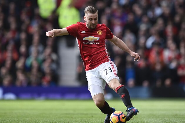 Manchester United's English defender Luke Shaw controls the ball during the English Premier League football match between Manchester United and Bournemouth at Old Trafford in Manchester, north west England, on March 4, 2017. / AFP PHOTO / Oli SCARFF / RESTRICTED TO EDITORIAL USE. No use with unauthorized audio, video, data, fixture lists, club/league logos or 'live' services. Online in-match use limited to 75 images, no video emulation. No use in betting, games or single club/league/player publications.  /         (Photo credit should read OLI SCARFF/AFP/Getty Images)