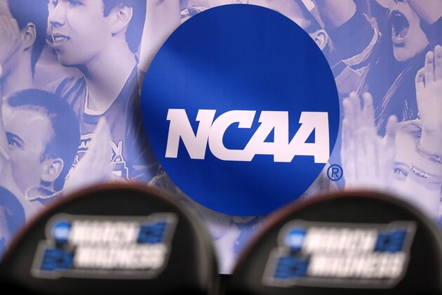 SALT LAKE CITY, UT - MARCH 16: The NCAA logo is seen in the second half of the game between the Northwestern Wildcats and the Vanderbilt Commodores during the first round of the 2017 NCAA Men's Basketball Tournament at Vivint Smart Home Arena on March 16, 2017 in Salt Lake City, Utah.  (Photo by Christian Petersen/Getty Images)