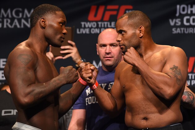 LAS VEGAS, NV - MAY 22:   (L-R) Opponents Anthony 'Rumble' Johnson and Daniel Cormier face off during the UFC 187 weigh-in at the MGM Grand Conference Center on May 22, 2015 in Las Vegas, Nevada. (Photo by Josh Hedges/Zuffa LLC/Zuffa LLC via Getty Images)