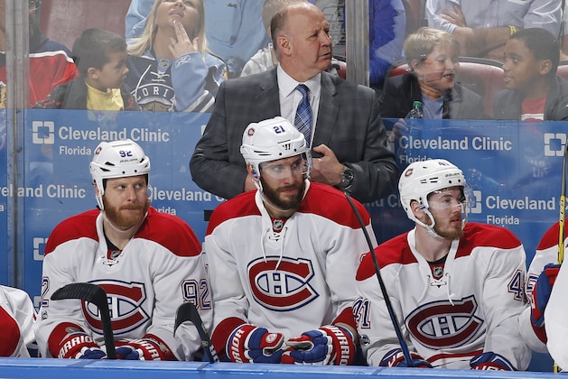Montreal Canadiens head coach Claude Julien look up ice during the third period of an NHL hockey game against the Florida Panthers, Monday, April 3, 2017, in Sunrise, Fla. The Canadiens defeated the Panthers 4-1. (AP Photo/Joel Auerbach)
