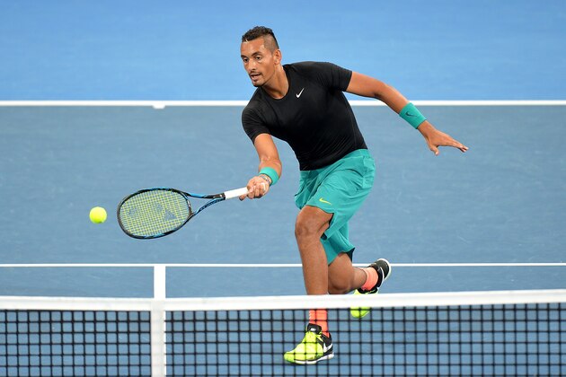 BRISBANE, AUSTRALIA - APRIL 04:  Nick Kyrgios of Australia plays a forehand volley during a practice session ahead of the Davis Cup World Group Quarter Finals tie between Australia and the United States at Pat Rafter Arena on April 4, 2017 in Brisbane, Australia.  (Photo by Bradley Kanaris/Getty Images)