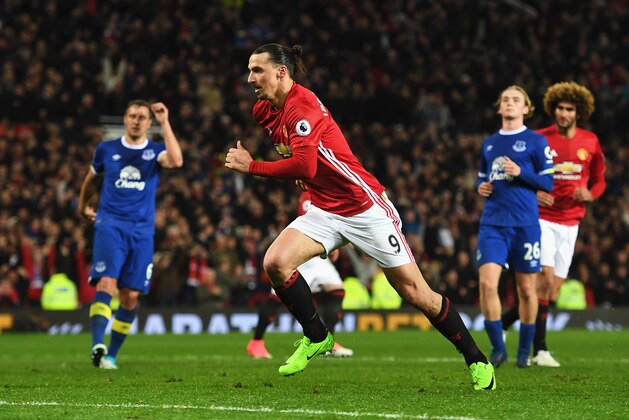 MANCHESTER, ENGLAND - APRIL 04: Zlatan Ibrahimovic of Manchester United celebrates scoring his sides first goal during the Premier League match between Manchester United and Everton at Old Trafford on April 4, 2017 in Manchester, England.  (Photo by Shaun Botterill/Getty Images)