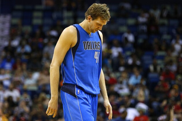 NEW ORLEANS, LA - MARCH 29:  Dirk Nowitzki #41 of the Dallas Mavericks reacts during a game against the New Orleans Pelicans at the Smoothie King Center on March 29, 2017 in New Orleans, Louisiana. NOTE TO USER: User expressly acknowledges and agrees that, by downloading and or using this photograph, User is consenting to the terms and conditions of the Getty Images License Agreement.  (Photo by Jonathan Bachman/Getty Images)