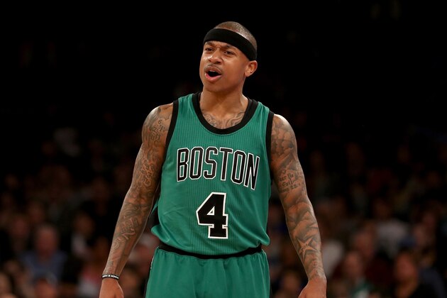 NEW YORK, NY - APRIL 02:  Isaiah Thomas #4 of the Boston Celtics reacts after he is called for a technical foul in the second half against the New York Knicks at Madison Square Garden on April 2, 2017 in New York City. NOTE TO USER: User expressly acknowledges and agrees that, by downloading and or using this Photograph, user is consenting to the terms and conditions of the Getty Images License Agreement  (Photo by Elsa/Getty Images)