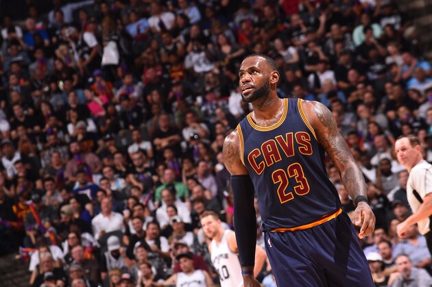 SAN ANTONIO, TX - MARCH 27:  LeBron James #23 of the Cleveland Cavaliers looks on during a game against the San Antonio Spurs on March 27, 2017 at the AT&T Center in San Antonio, Texas. NOTE TO USER: User expressly acknowledges and agrees that, by downloading and or using this photograph, user is consenting to the terms and conditions of the Getty Images License Agreement. Mandatory Copyright Notice: Copyright 2017 NBAE (Photos by Noah Graham/NBAE via Getty Images)