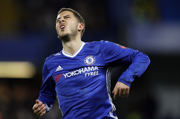 Chelsea's Eden Hazard reacts during the English FA Cup quarterfinal soccer match between Chelsea and Manchester United at Stamford Bridge stadium in London, Monday, March 13, 2017. (AP Photo/Frank Augstein)