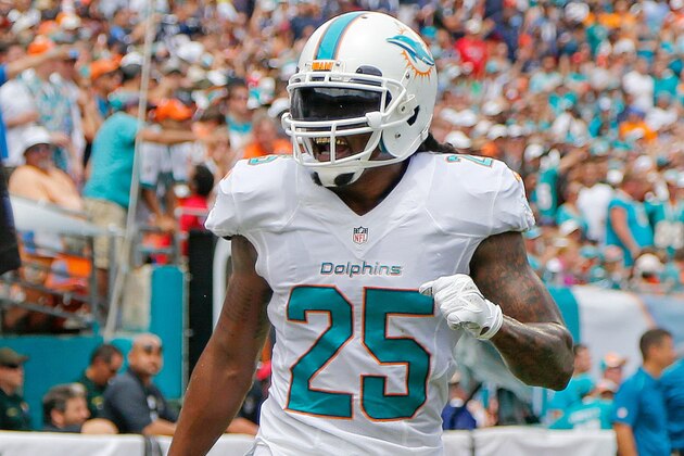 MIAMI GARDENS, FL - SEPTEMBER 07: Louis Delmas #25 of the Miami Dolphins reacts during the game against the New England Patriots at Sun Life Stadium on September 7, 2014 in Miami Gardens, Florida.  (Photo by Rob Foldy/Getty Images)