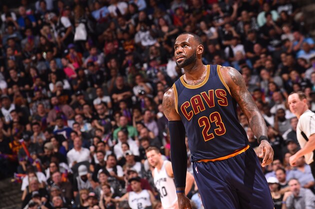 SAN ANTONIO, TX - MARCH 27:  LeBron James #23 of the Cleveland Cavaliers looks on during a game against the San Antonio Spurs on March 27, 2017 at the AT&T Center in San Antonio, Texas. NOTE TO USER: User expressly acknowledges and agrees that, by downloading and or using this photograph, user is consenting to the terms and conditions of the Getty Images License Agreement. Mandatory Copyright Notice: Copyright 2017 NBAE (Photos by Noah Graham/NBAE via Getty Images)