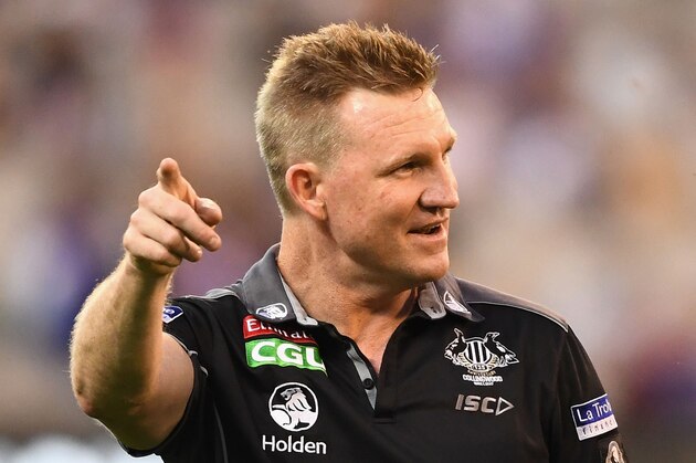 MELBOURNE, AUSTRALIA - MARCH 24:  Magpies head coach Nathan Buckley looks on during the round one AFL match between the Collingwood Magpies and the Western Bulldogs at Melbourne Cricket Ground on March 24, 2017 in Melbourne, Australia.  (Photo by Quinn Rooney/Getty Images)