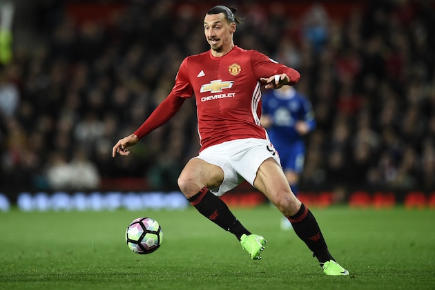 Manchester United's Swedish striker Zlatan Ibrahimovic controls the ball during the English Premier League football match between Manchester United and Everton at Old Trafford in Manchester, north west England, on April 4, 2017. / AFP PHOTO / Oli SCARFF / RESTRICTED TO EDITORIAL USE. No use with unauthorized audio, video, data, fixture lists, club/league logos or 'live' services. Online in-match use limited to 75 images, no video emulation. No use in betting, games or single club/league/player publications.  /         (Photo credit should read OLI SCARFF/AFP/Getty Images)