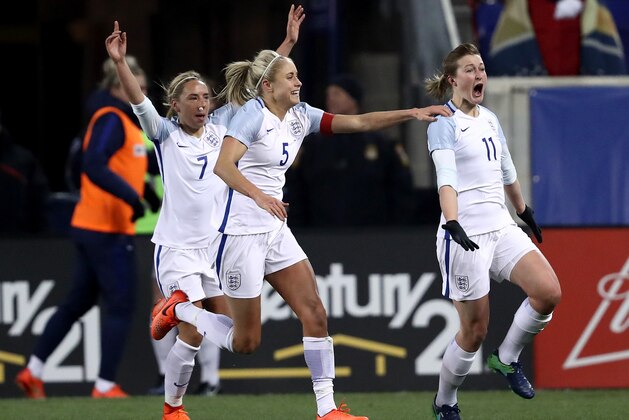 HARRISON, NJ - MARCH 04:  Ellen White of England celebrates her goal with teammates Jordan Nobbs #7 and Steph Houghton #5 in the second half against the United States during the SheBelieves Cup at Red Bull Arena on March 4, 2017 in Harrison, New Jersey.England defeated the USA 1-0.  (Photo by Elsa/Getty Images)