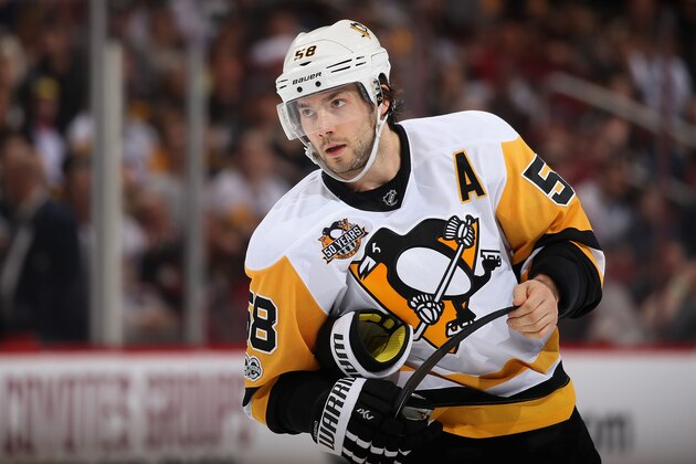 GLENDALE, AZ - FEBRUARY 11:  Kris Letang #58 of the Pittsburgh Penguins skates up to a face off during the third period of the NHL game against the Arizona Coyotes at Gila River Arena on February 11, 2017 in Glendale, Arizona.  The Coyotes defeated the Penguins 4-3 in overtime.  (Photo by Christian Petersen/Getty Images)